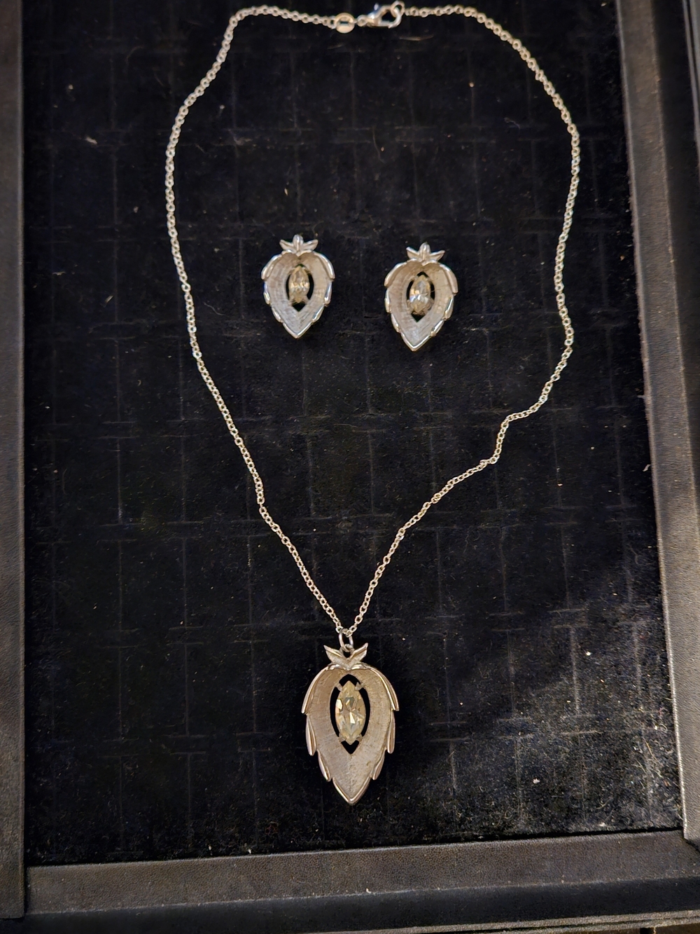 Silver-Tone Marquise Pendant Necklace and Clip Earring Set -.925 Silver